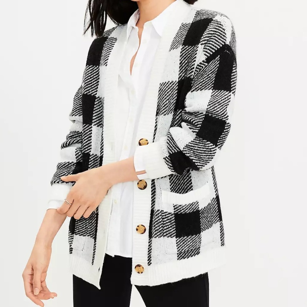 LOFT Buffalo Plaid V-Neck Pocket Cardigan